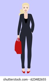 Flat vector illustration of a beautiful young woman with blondy hair. Young woman dressed in business style. Flat style vector illustration.
