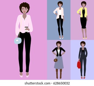 Flat vector illustration of a beautiful young woman with dark hair. Young woman dressed in casual and business style. Flat style vector illustration.