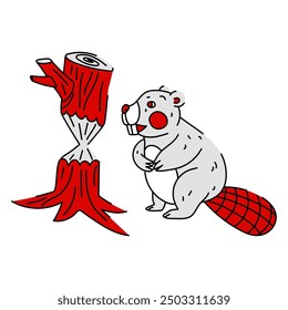 flat vector illustration of a beaver in red and white colors with a gnawed tree, stylized as the Canadian flag. beaver with big teeth and a tree. it gnaws to create a dam. Canadian animals. Canada Day