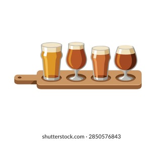 flat vector illustration of beer flight tasting tray with four different glasses of craft beer isolated on transparent background