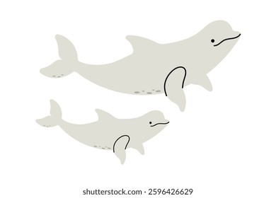 Flat vector illustration of a beluga mother with her baby, ocean wildlife, marine life, isolated on white background.