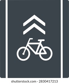 Flat vector illustration of a bicycle road marking featuring a bicycle symbol and upward directional arrows on a dark roadway, isolated on a white background.
