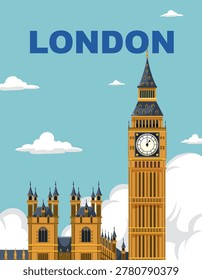 Flat vector illustration of Big Ben clock tower under a blue sky with clouds