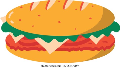 Ilustración vectorial plana de una hamburguesa grande rellena de tomate e ingredientes frescos, ideal para menús de comida rápida y marca de comida casual.