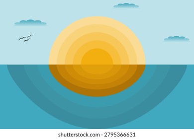 A flat vector illustration of a big geometric sun rising over the calm blue sea with small birds