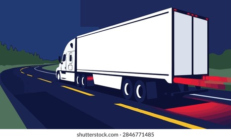 flat vector illustration of a big white semi truck driving on a dark highway at night with illuminated taillights for logistics and transport concepts