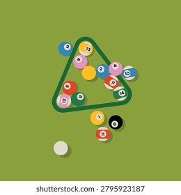 Flat vector illustration of a billiard rack with colorful pool balls on a green table