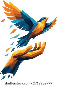 Ilustración vectorial plana de un pájaro que se eleva de una mano humana abierta, creada con Formas geométricas angulares y colores planos llamativos. La composición simboliza la libertad, la confianza, el crecimiento, la esperanza y la Autorización. Adecuado para conceptos de negocios, desarrollo personal, salud mental, motivación, marca, carteles y Uso editorial.