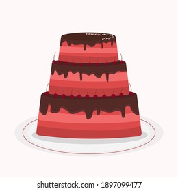 Flat vector illustration. Birthday cake with chocolate topping. Chocolate cake with inscription Happy Birthday. Sweet Dessert