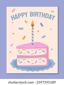 A flat vector illustration of a birthday cake slice with pink frosting, a lit candle, and colorful sprinkles. Confetti in the background and Happy Birthday text. Celebration concept