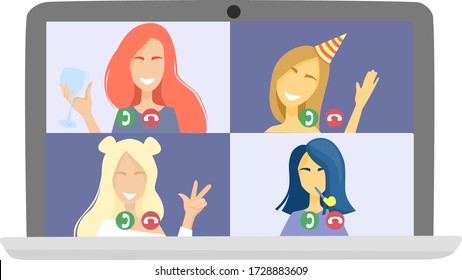 Flat vector illustration. Birthday party online, bachelorette party. Girls talk to each other on a video call. Conference on a laptop. Quarantine, self-isolation during a pandemic.