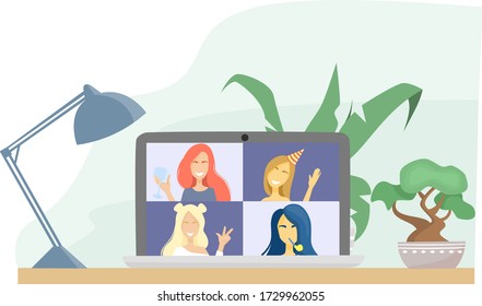 Flat vector illustration. Birthday party online, bachelorette party. Girls talk to each other on a video call. Conference on a laptop. Quarantine, self-isolation during a pandemic.