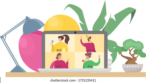 Flat vector illustration. Birthday party online. Friends talk to each other on a video call. Conference on a laptop. Quarantine, self-isolation during a pandemic.