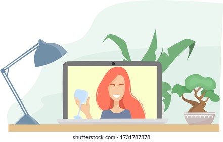 Ilustración vectorial plana. Fiesta de cumpleaños en línea, despedida de soltera. Las chicas hablan entre ellas en una videollamada. Conferencia en una laptop. Cuarentena, autoaislamiento durante una pandemia.