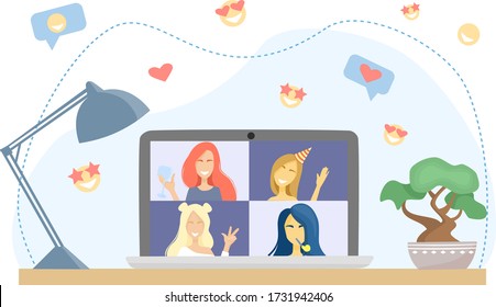 Ilustración vectorial plana. Fiesta de cumpleaños en línea, despedida de soltera. Las chicas hablan entre ellas en una videollamada. Conferencia en una laptop. Cuarentena, autoaislamiento durante una pandemia.