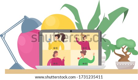 Flat vector illustration. Birthday party online. Friends talk to each other on a video call. Conference on a laptop. Quarantine, self-isolation during a pandemic.