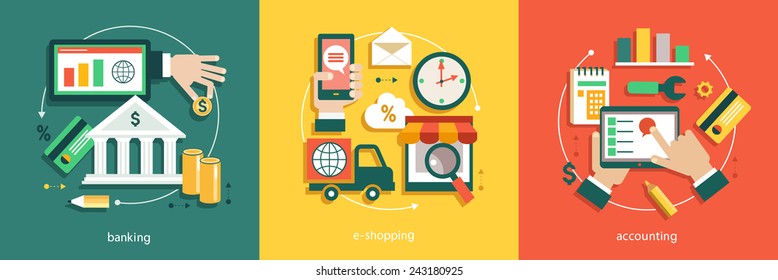 Flat vector illustration of bisines idea, banking system, tnternet banking,  e-shopping, accounting.