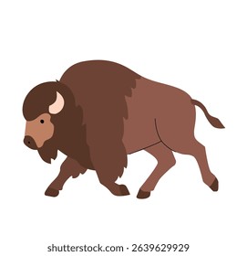 Flat vector illustration of a bison with a large brown mane, light brown face, and strong legs. Simplified, clean design perfect for wildlife, prairie, or educational themes. Vector illustration