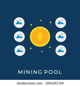 Flat Vector Illustration of Bitcoin Mining Pool. Mining Cryptocurrency Concept. Mine Digital Crypto Currency Coins, Mountains with Pickaxe. Bitcoin Extraction
