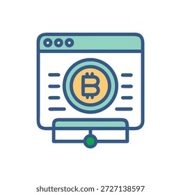 Flache Vektorgrafik von Bitcoin auf dem Webseitenbildschirm, die das digitale Finanzwesen darstellt. Weiche blaue und gelbe Palette.
