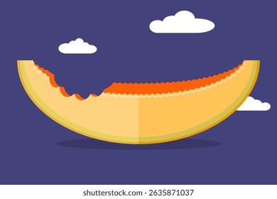 Flat vector illustration of a bitten cantaloupe slice with clouds on a dark background. Fun summer-themed concept for food design, kids graphics, and fruity visuals