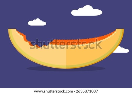 Flat vector illustration of a bitten cantaloupe slice with clouds on a dark background. Fun summer-themed concept for food design, kids graphics, and fruity visuals