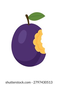 Flat vector illustration of a bitten purple plum with juicy yellow flesh, isolated on a white background. Fresh fruit ideal for food, nutrition, healthy eating, packaging, and organic produce designs.