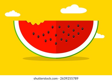 Flat vector illustration of a bitten watermelon slice with seeds on a bright yellow background with clouds. Perfect for summer food design, fun posters, packaging, and kids graphics