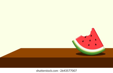 Flat vector illustration of a bitten watermelon slice on a wooden table, with soft shadows and clean background. Perfect for summer, food ads, kids’ content, and healthy eating campaigns