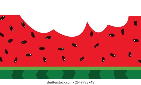 Vetor plano Ilustração de uma fatia de melancia mordida com casca verde e sementes sobre fundo branco