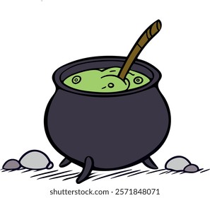  Flat vector illustration of a black cauldron filled with a bubbling green potion, complete with a wooden stirrer. Perfect for Halloween designs, spooky themes, or magical projects.