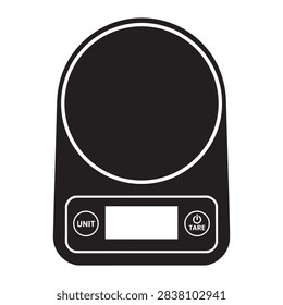 Flat vector illustration of a black digital kitchen scale with unit and tare buttons on a white background.