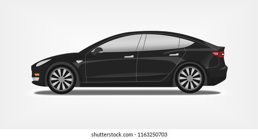 Flat vector illustration of a black electric car. Sport electro sedan concept.
