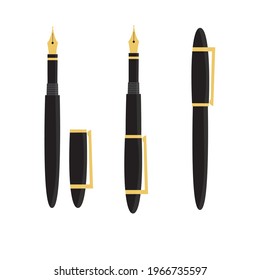 Flat vector illustration of black and gold fountain ink calligraphy pen Isolated on white background