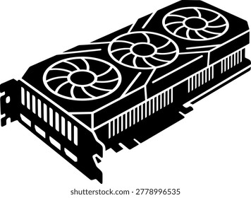 Flat vector illustration of a black graphics card with three cooling fans, heatsink fins, and circuit board details.