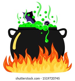 Flat vector illustration of black halloween design witches cauldron with green bubbling poison potion, eye, bat wing in fire isolated on white background. Icon image of magical boiling and pot.