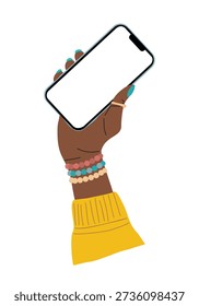 Flat vector illustration of a Black woman’s hand with bright manicure and bracelets, holding a mobile phone and scrolling the screen, empty phone mockup isolated on white background.