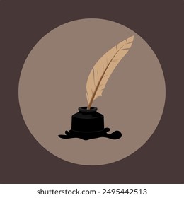 Flat vector Illustration of black ink tub with feather pen, icon, background symbol of international literacy day of September 8
