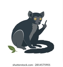 A flat vector illustration of a black lemur sitting and pointing with one finger against a white background