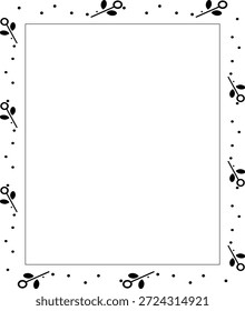 Una Ilustración vectorial plana de un borde rectangular mínimo negro decorado con hojas botánicas y acentos punteados.