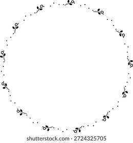 Una Ilustración vectorial plana de un borde circular mínimo negro decorado con hojas botánicas y acentos punteados.