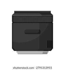 Flat vector illustration of a black professional camera lens. Optical equipment for photography isolated on white background.