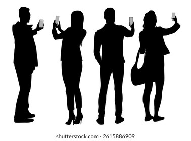 Flat vector illustration of black silhouettes set of people, men and women, standing back view with phones, taking pictures. Isolated on white background, minimal modern design