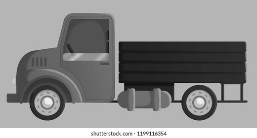 Flat Vector Illustration. Black and White Vintage Retro Car. Cartoon Old Truck with Wooden body.