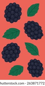 Flat vector illustration of blackberries with green leaves on a coral red background – fresh summer berries in minimal cartoon style