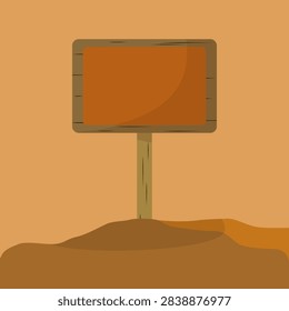 Flat vector illustration of a blank wooden signpost on dirt ground. Empty wood board template for game UI element, outdoor message, text placeholder, and rustic information banner graphic.