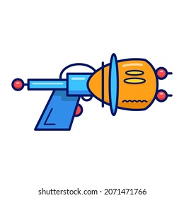 Flat vector illustration with blaster in cartoon style. Blue and yellow laser weapon or ray gun on isolated white background. 