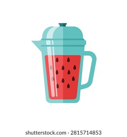 Flat Vector Illustration of a Blender Filled with Fresh Red Watermelon Smoothie and Black Seeds