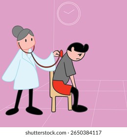 Ilustração vetorial plana de um homem cego com uma bengala branca sendo guiada por uma mulher. Os personagens estão caminhando juntos sobre um fundo rosa. Este conceito representa suporte, inclusão e 