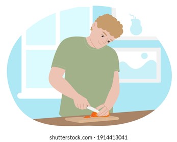 Flat vector illustration blond man character cheerful preparing cooking food at home. Proper nutrition, boy cooks in the kitchen. Cuts vegetables for salad.